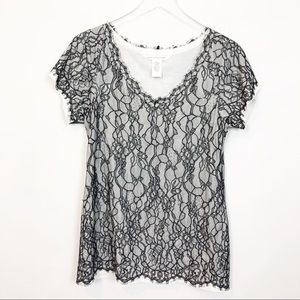 DVF Black Silk Lace Overlay White Tee Scalloped S